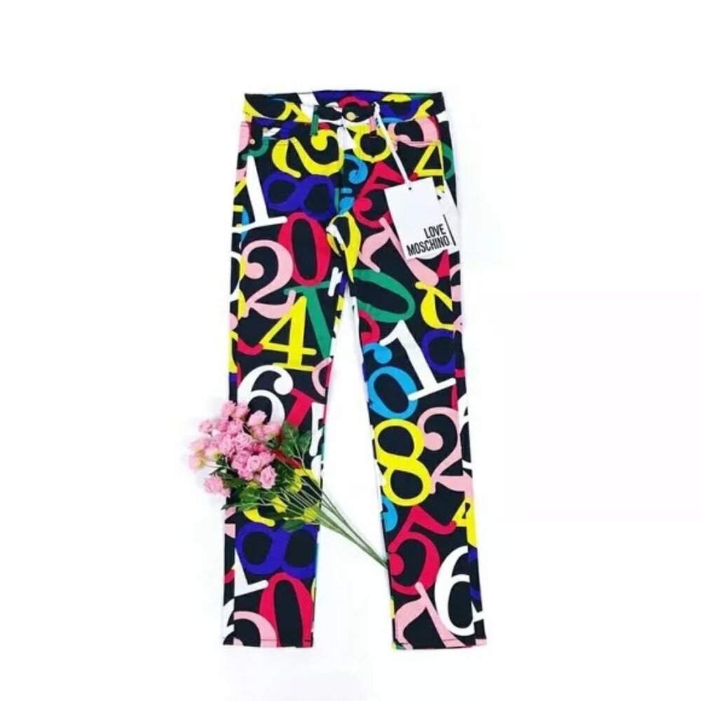 MOSCHINO  Numbers Italian Multi Color Black Straight Leg Jeans M US 29 NWT